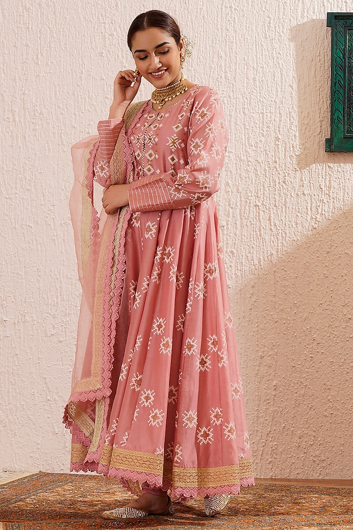 Pink Chanderi Block Printed & Gota Striped Paneled Kalidar Anarkali Set by OMI