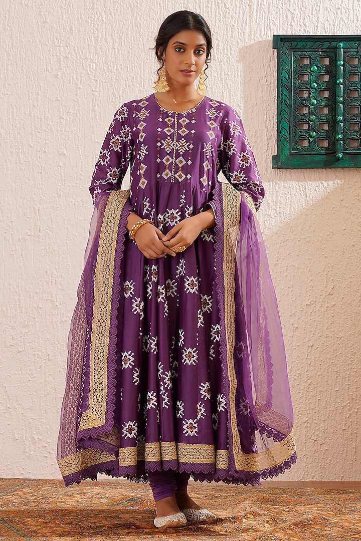 Purple Chanderi Block Printed & Gota Striped Paneled Kalidar Anarkali Set by OMI at Pernia's Pop Up Shop