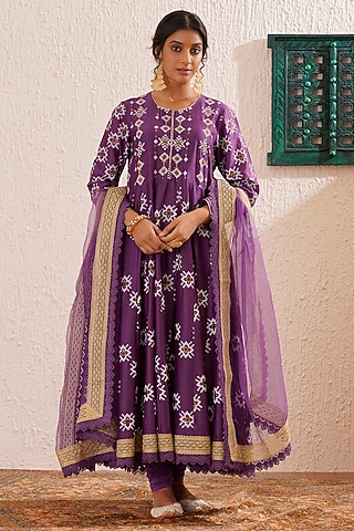 Purple Chanderi Block Printed & Gota Striped Paneled Kalidar Anarkali Set by OMI