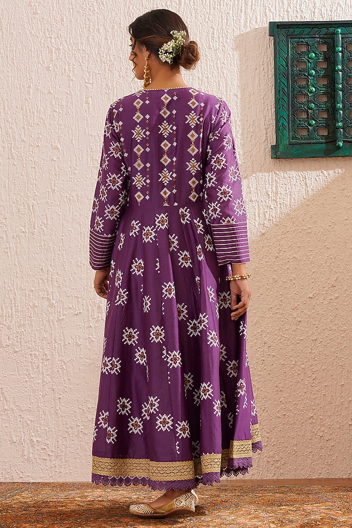 Purple Chanderi Block Printed & Gota Striped Paneled Kalidar Party Wear Anarkali Set by OMI at Pernia's Pop Up Shop