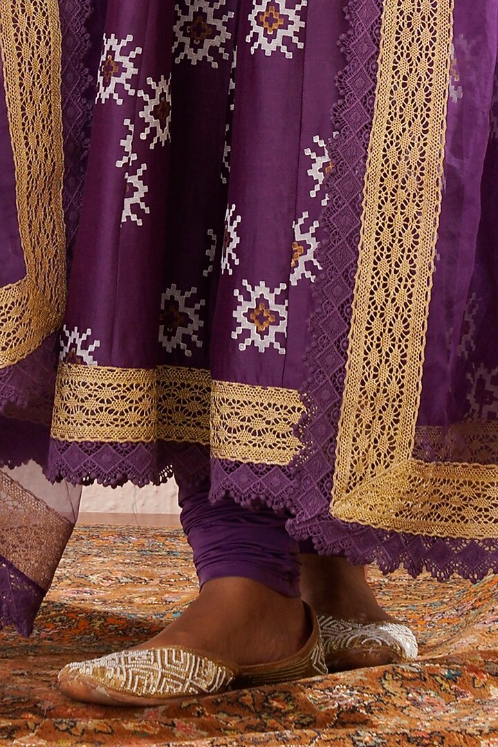 Purple Chanderi Block Printed & Gota Striped Paneled Kalidar Party Wear Anarkali Set by OMI at Pernia's Pop Up Shop
