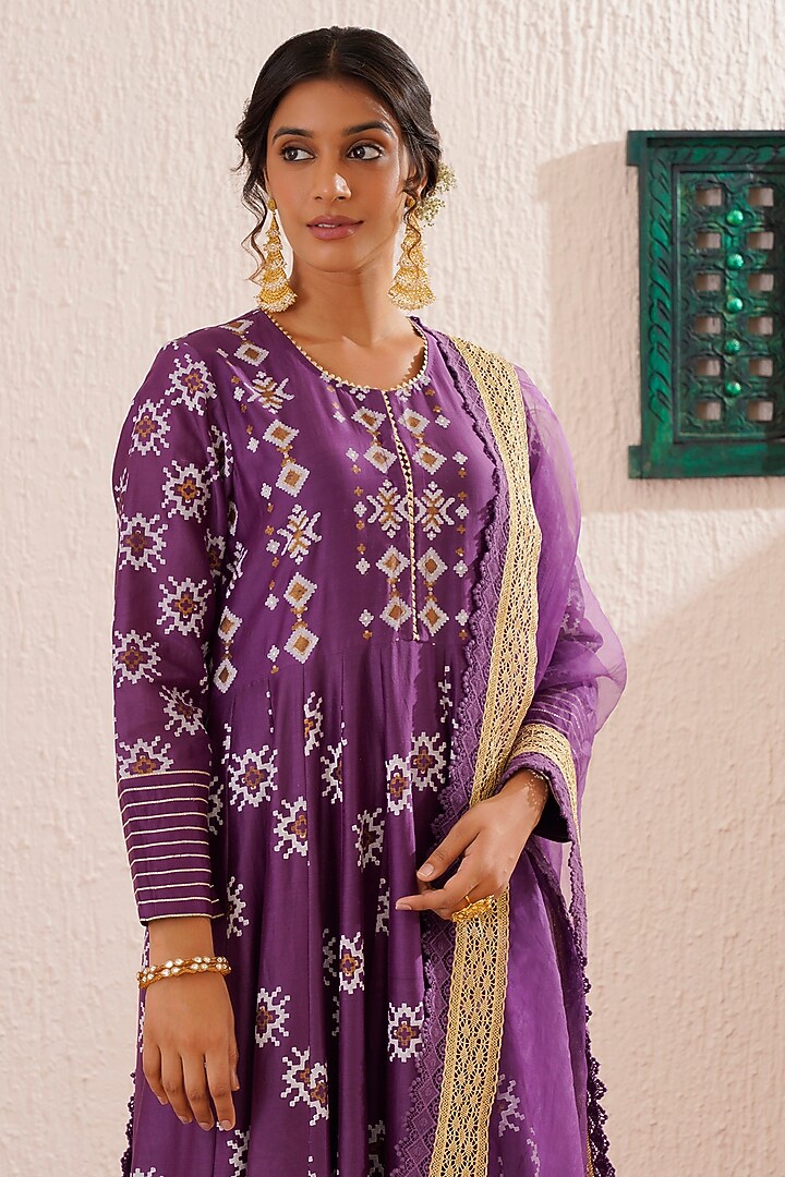 Purple Chanderi Block Printed & Gota Striped Paneled Kalidar Party Wear Anarkali Set by OMI at Pernia's Pop Up Shop