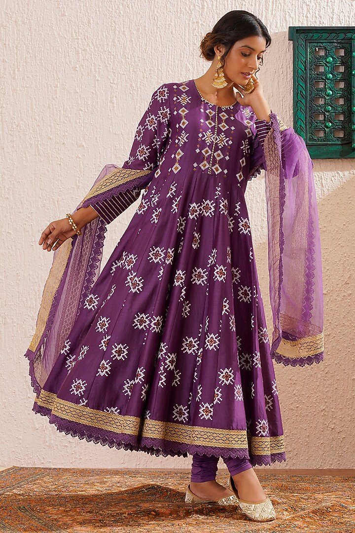 Purple Chanderi Block Printed & Gota Striped Paneled Kalidar Party Wear Anarkali Set by OMI at Pernia's Pop Up Shop