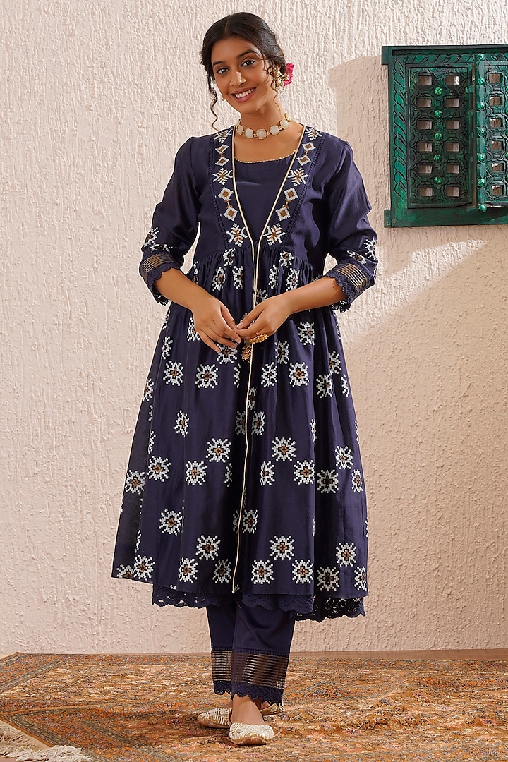 Navy Blue Chanderi Block Printed Jacket Set by OMI at Pernia's Pop Up Shop