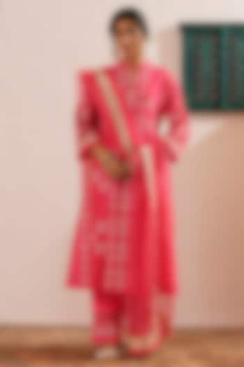 Hot Pink Chanderi Block Printed Paneled Kurta Set by OMI at Pernia's Pop Up Shop