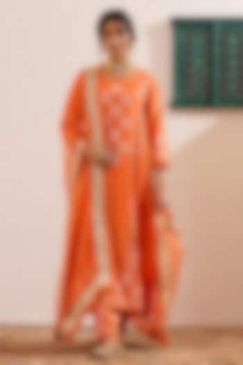 Orange Silk Dupion Block Printed Paneled Kurta Set by OMI