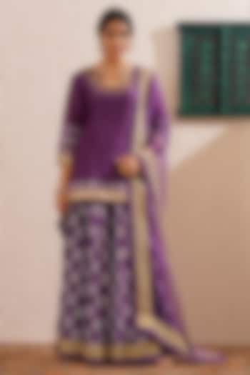 Purple Chanderi Block Printed Sharara Set by OMI