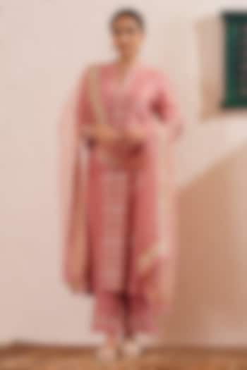 Pink Chanderi Block Printed Straight Kurta Set by OMI