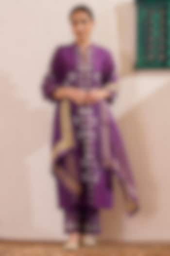 Purple Chanderi Block Printed Straight Kurta Set by OMI