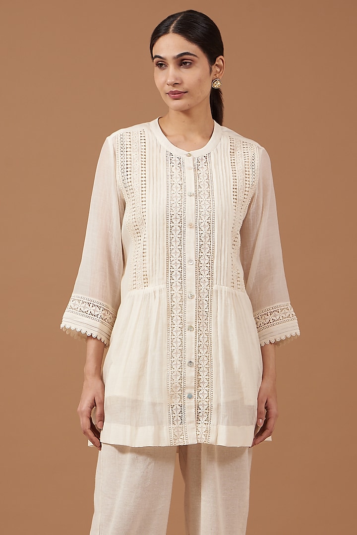 Off-White Chanderi Pleated Shirt by OMI
