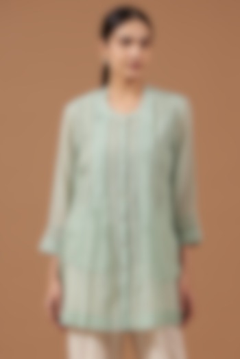 Mint Green Chanderi Pleated Shirt by OMI