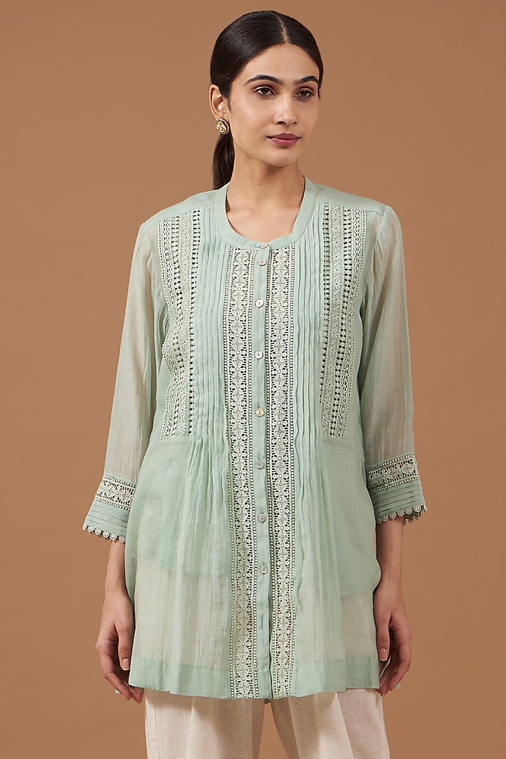 Mint Green Chanderi Pleated Shirt by OMI