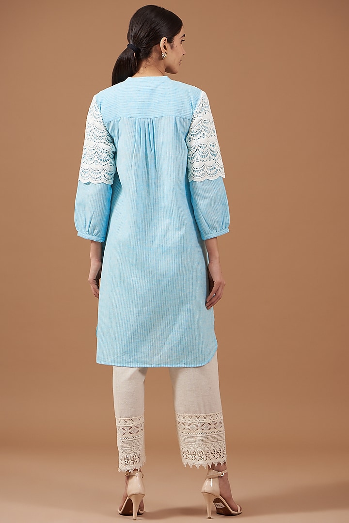 Blue Cotton Linen Textured Tunic by OMI at Pernia's Pop Up Shop