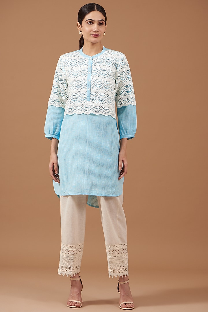 Blue Cotton Linen Textured Tunic by OMI at Pernia's Pop Up Shop