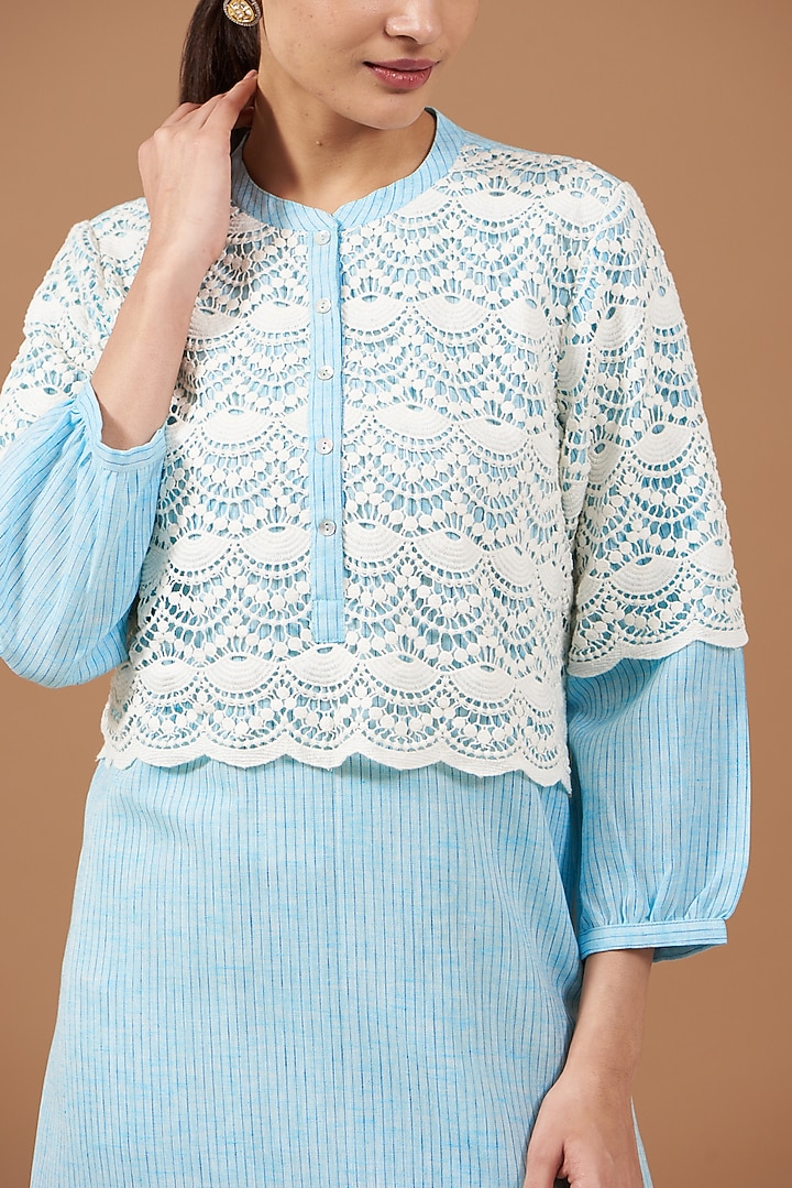 Blue Cotton Linen Textured Tunic by OMI at Pernia's Pop Up Shop