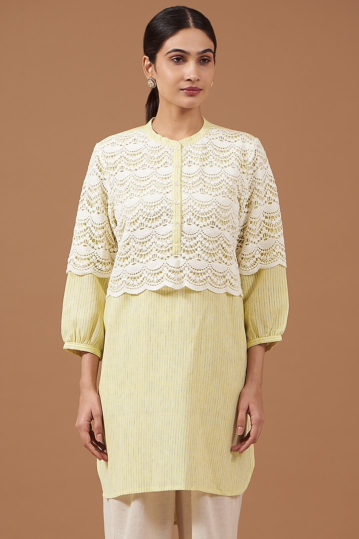 Lemon Yellow Cotton Linen Textured Tunic by OMI