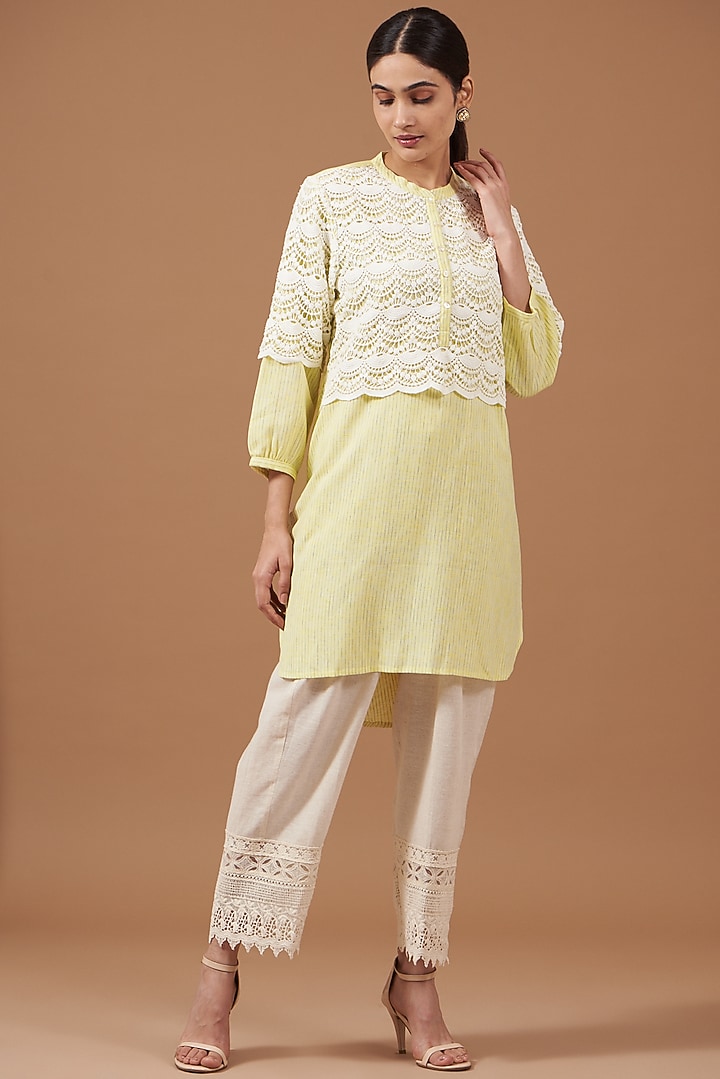 Lemon Yellow Cotton Linen Textured Tunic by OMI at Pernia's Pop Up Shop