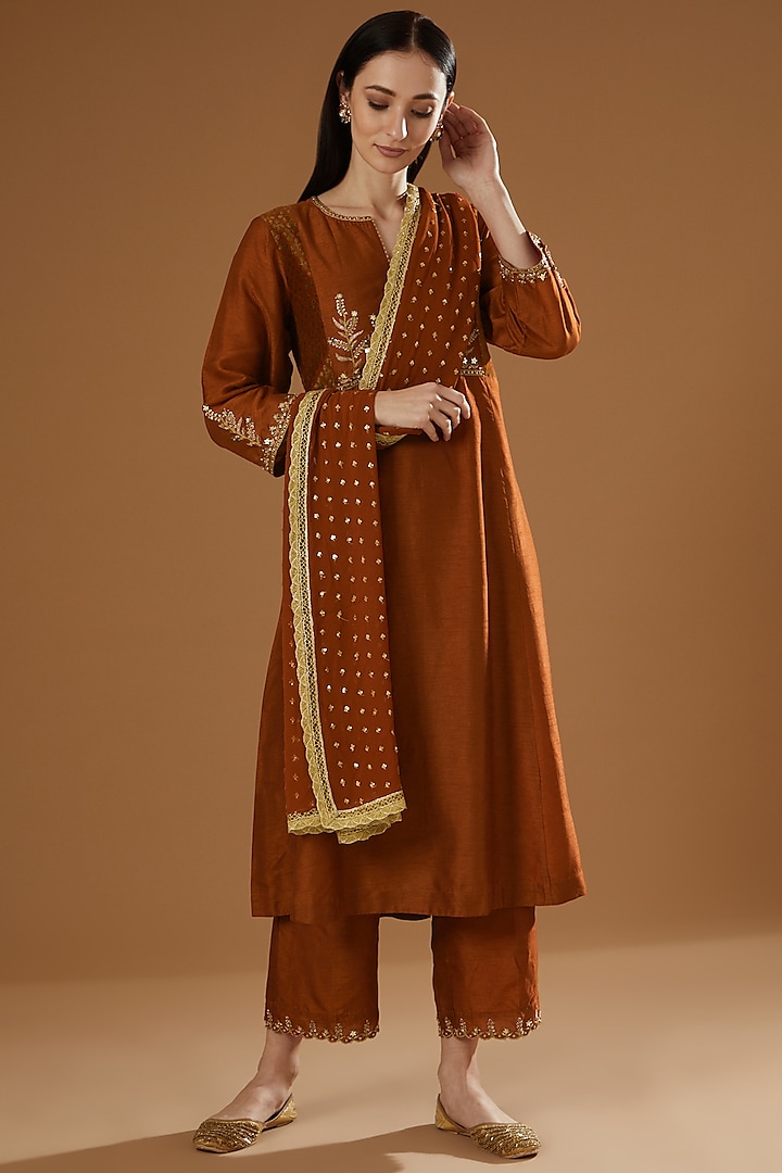 Brown Hand Block Printed & Embroidered Kurta Set by OMI
