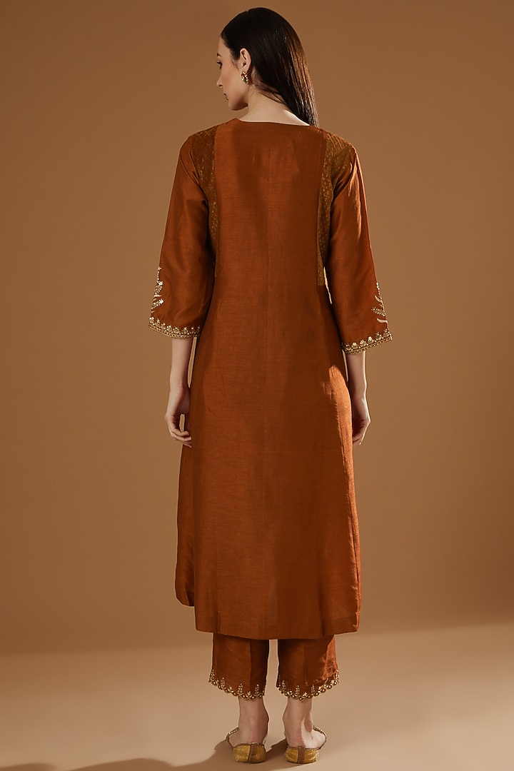 Brown Hand Block Printed & Embroidered Kurta Set by OMI at Pernia's Pop Up Shop