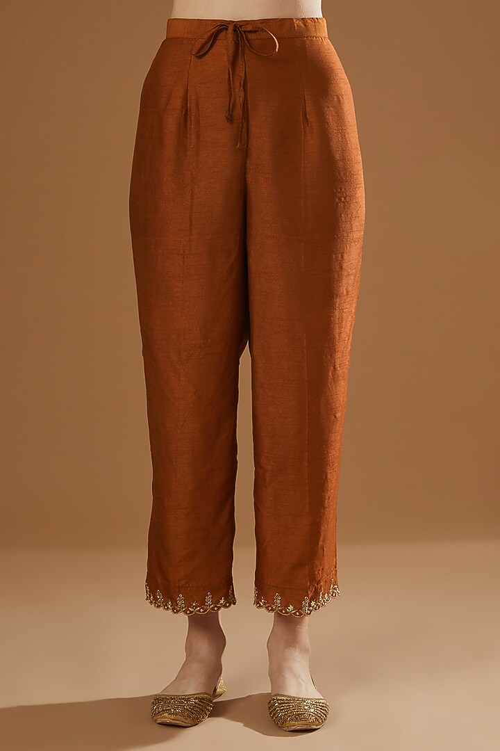 Brown Hand Block Printed & Embroidered Kurta Set by OMI at Pernia's Pop Up Shop