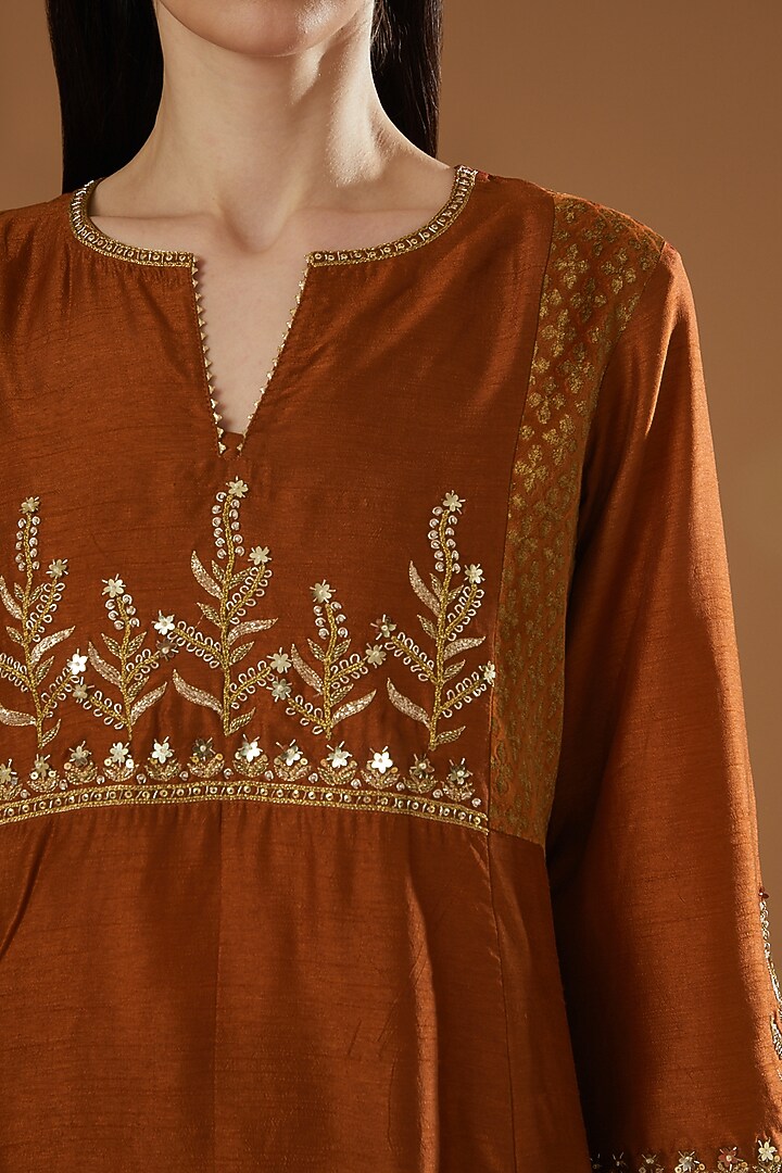 Brown Hand Block Printed & Embroidered Kurta Set by OMI at Pernia's Pop Up Shop
