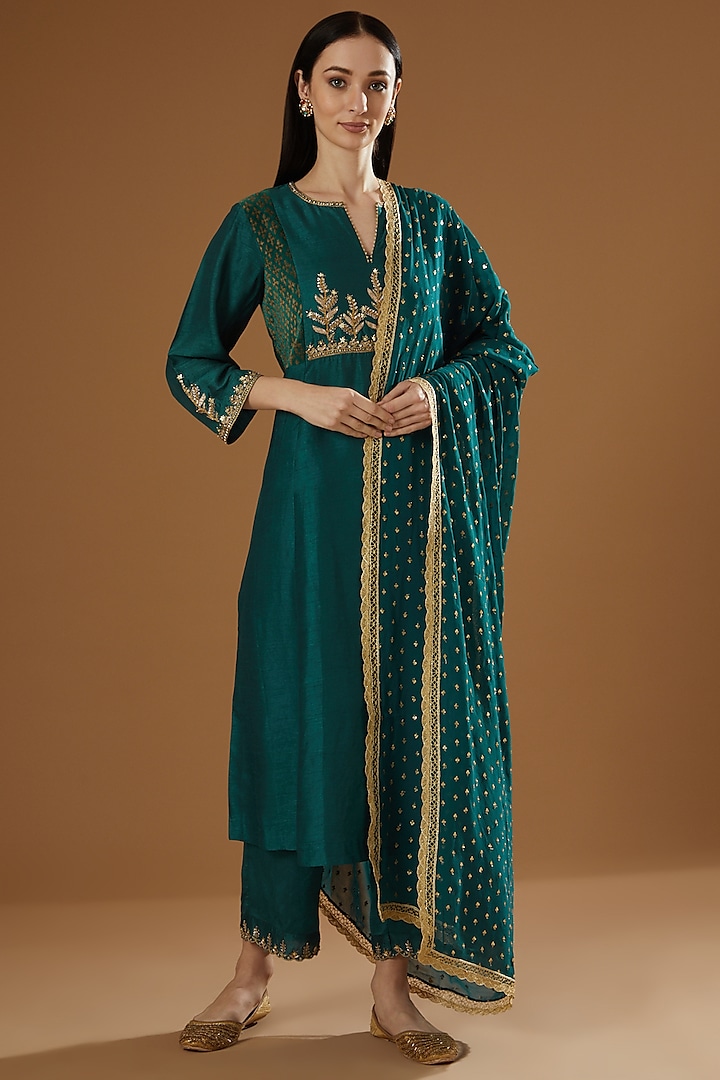 Turquoise Hand Block Printed & Embroidered Kurta Set by OMI