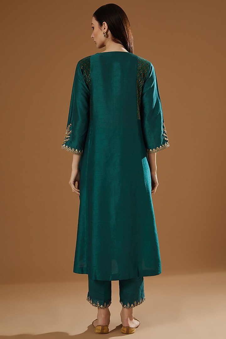 Turquoise Hand Block Printed & Embroidered Kurta Set by OMI at Pernia's Pop Up Shop