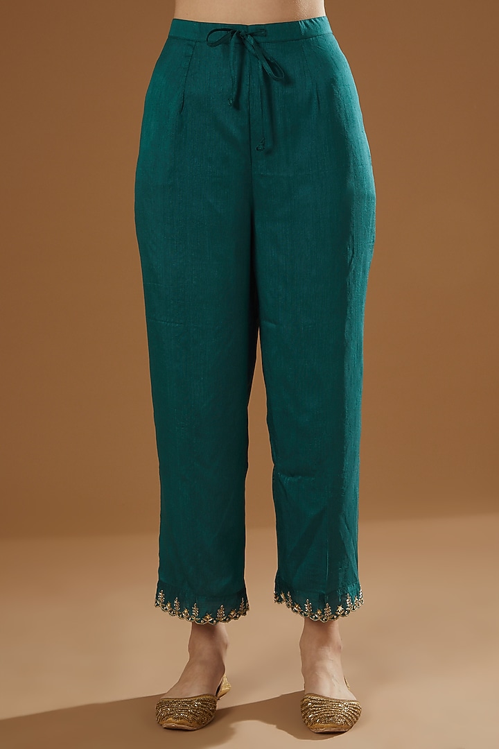 Turquoise Hand Block Printed & Embroidered Kurta Set by OMI at Pernia's Pop Up Shop