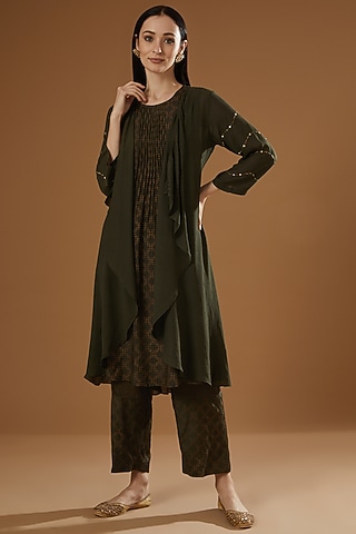 Dark Olive Hand Embroidered Shrug Set by OMI