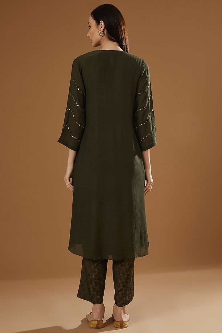 Dark Olive Hand Embroidered Shrug Set by OMI at Pernia's Pop Up Shop