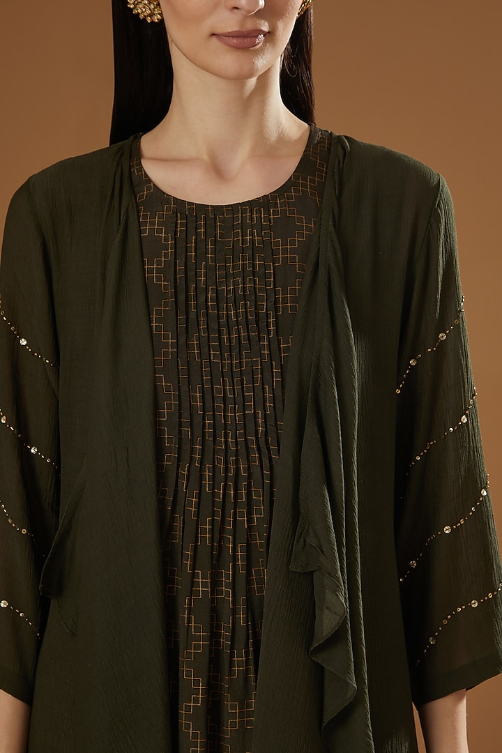 Dark Olive Hand Embroidered Shrug Set by OMI at Pernia's Pop Up Shop