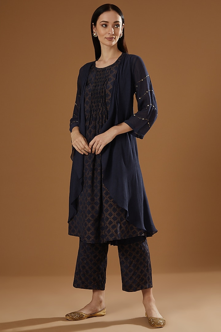 Navy Blue Hand Embroidered Shrug Set by OMI