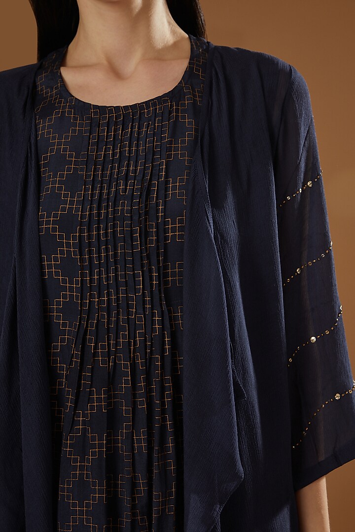 Navy Blue Hand Embroidered Shrug Set by OMI at Pernia's Pop Up Shop