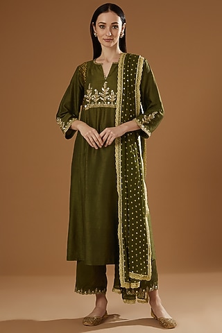 Mehendi Green Hand Block Printed & Embroidered Kurta Set by OMI