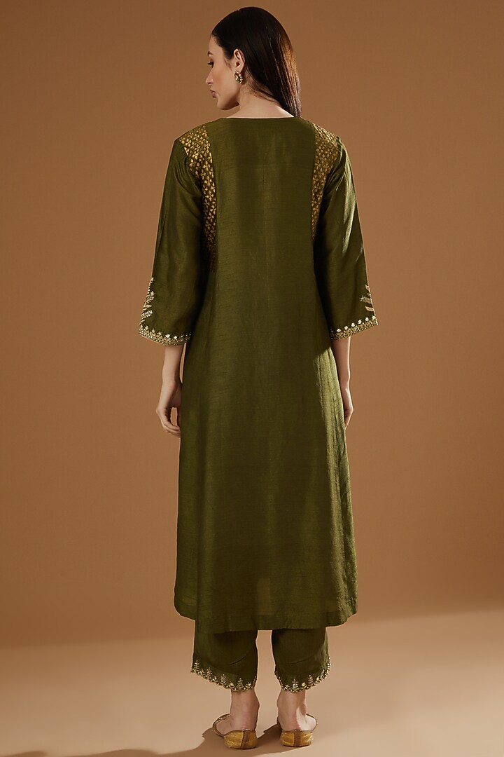 Mehendi Green Hand Block Printed & Embroidered Kurta Set by OMI at Pernia's Pop Up Shop