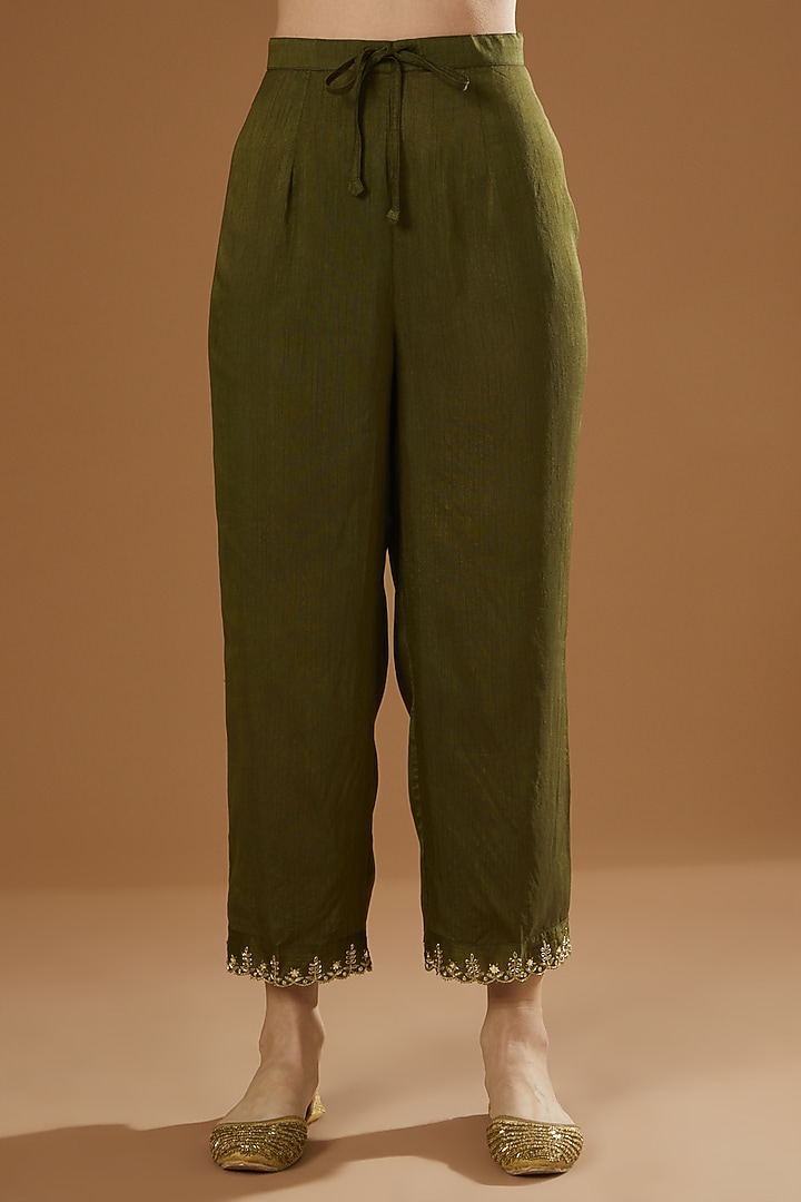 Mehendi Green Hand Block Printed & Embroidered Kurta Set by OMI at Pernia's Pop Up Shop