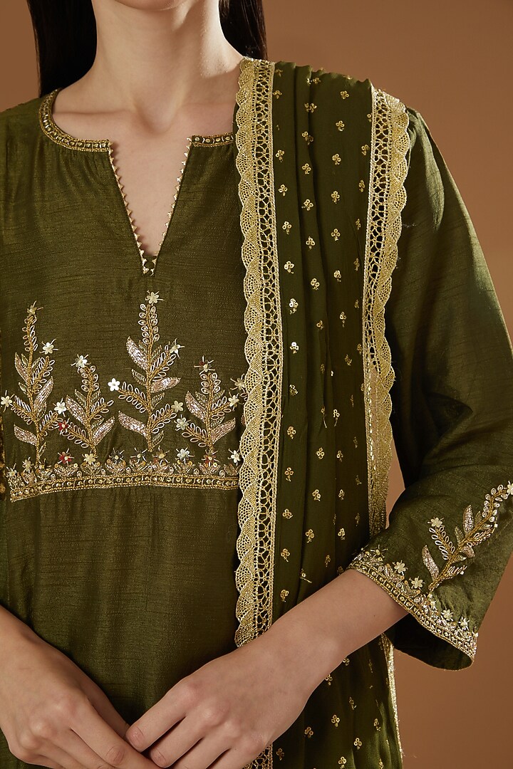 Mehendi Green Hand Block Printed & Embroidered Kurta Set by OMI at Pernia's Pop Up Shop