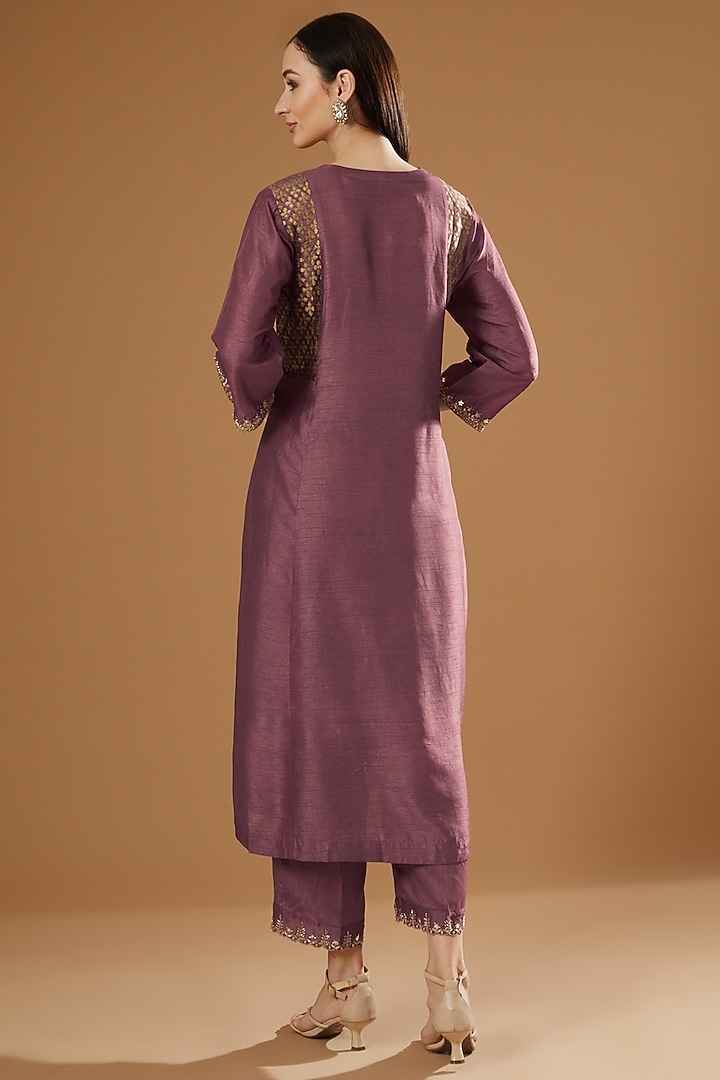 Mauve Hand Block Printed & Embroidered Kurta Set by OMI at Pernia's Pop Up Shop