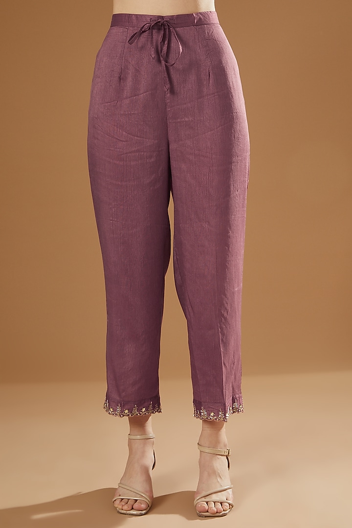 Mauve Hand Block Printed & Embroidered Kurta Set by OMI at Pernia's Pop Up Shop