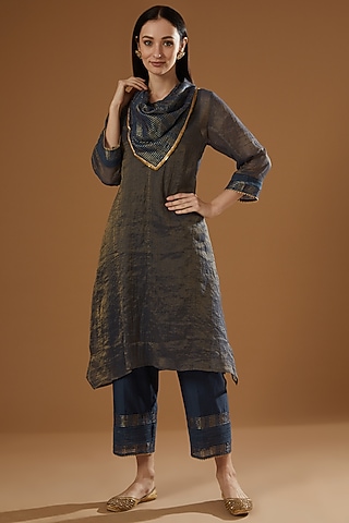 Navy Tissue Chanderi A-Line Kurta Set by OMI
