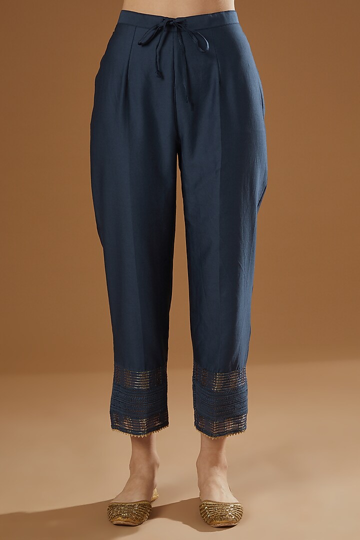 Navy Tissue Chanderi A-Line Kurta Set by OMI at Pernia's Pop Up Shop