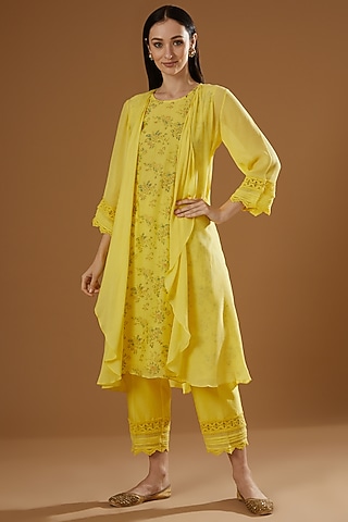 Yellow Block Printed Shrug Set by OMI