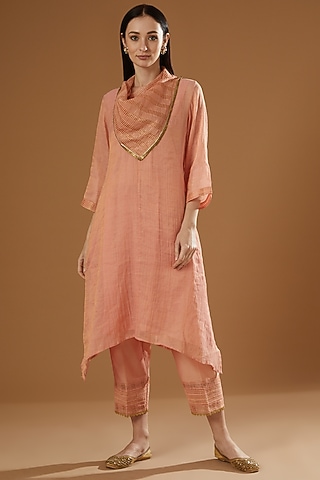 Peach Tissue Chanderi A-Line Kurta Set by OMI