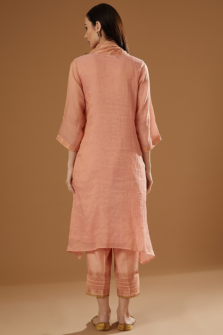 Peach Tissue Chanderi A-Line Kurta Set by OMI at Pernia's Pop Up Shop