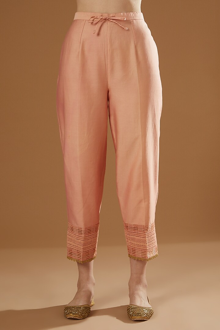 Peach Tissue Chanderi A-Line Kurta Set by OMI at Pernia's Pop Up Shop