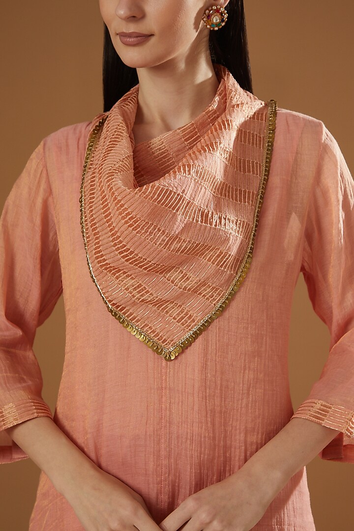 Peach Tissue Chanderi A-Line Kurta Set by OMI at Pernia's Pop Up Shop