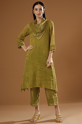 Olive Green Tissue Chanderi A-Line Kurta Set by OMI