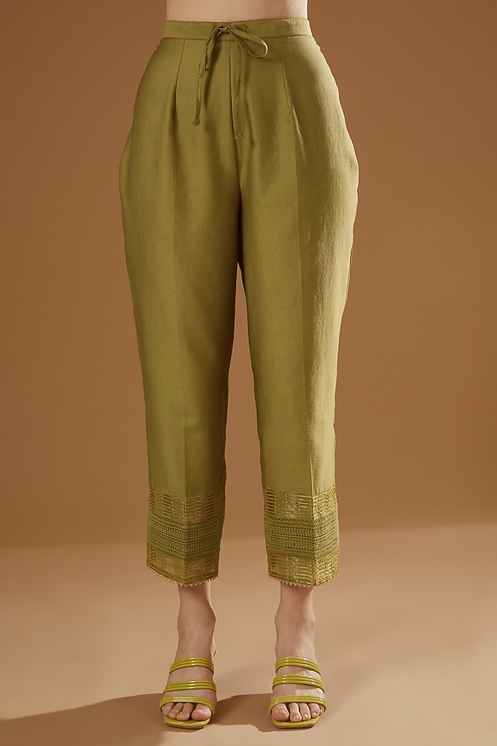 Olive Green Tissue Chanderi A-Line Kurta Set by OMI at Pernia's Pop Up Shop