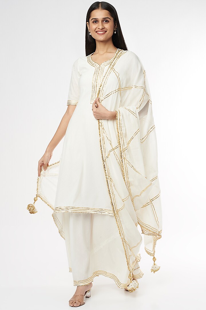 White Embroidered Dress With Dupatta by Omaana Jaipure