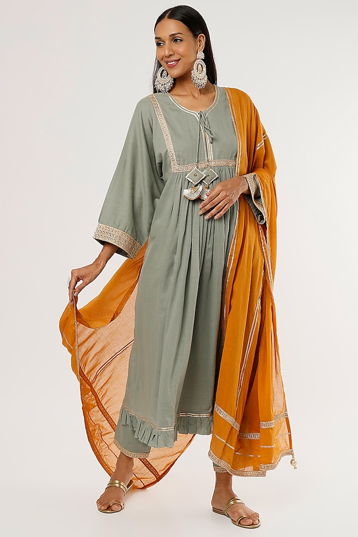 Fossil Grey Embroidered Kaftan Set by Omaana Jaipure